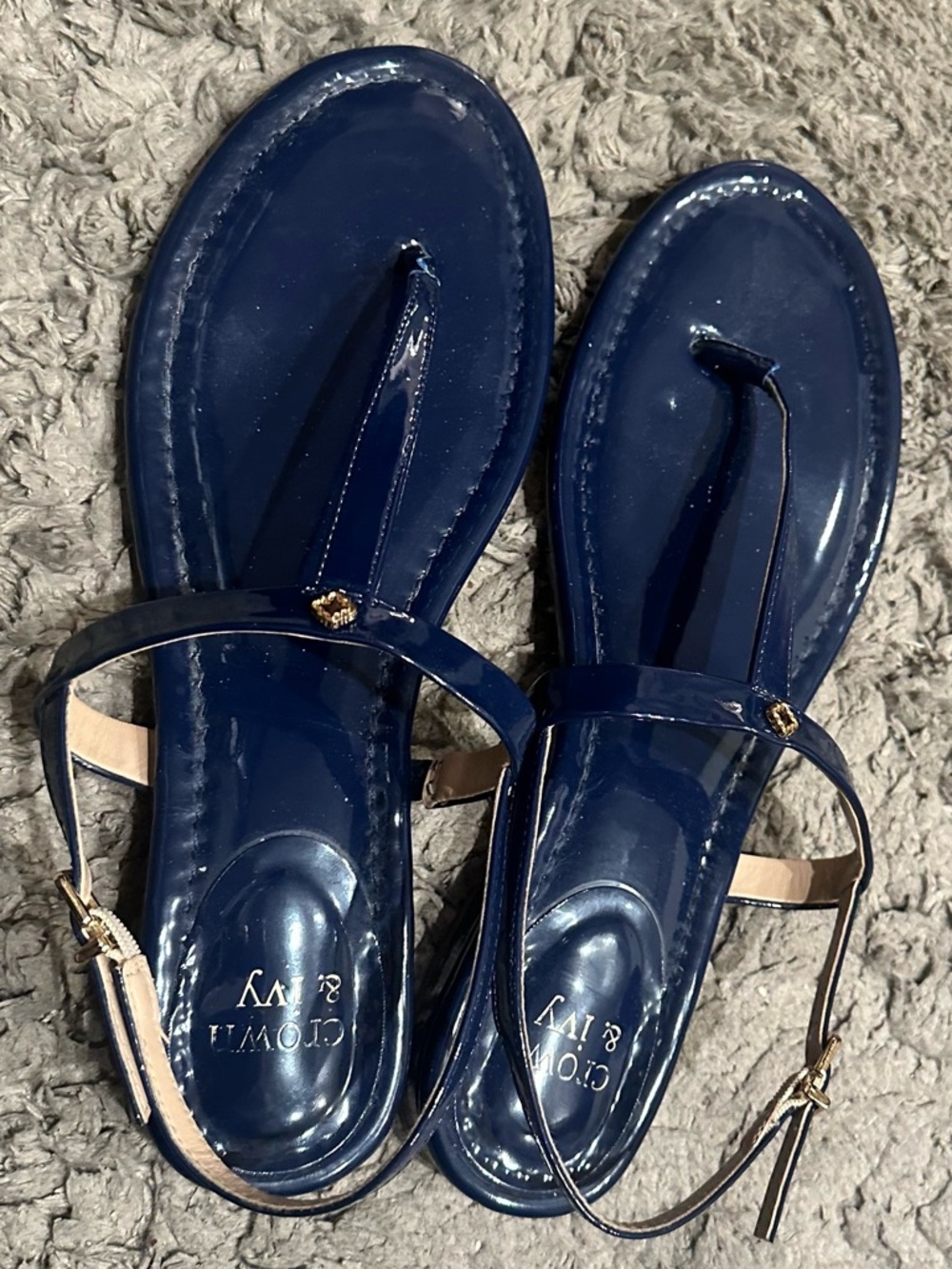 crown & ivy Navy Patent T-Strap Sandals with Gold Accents